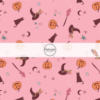 Halloween friends with moons and stars on pink hair bow strips