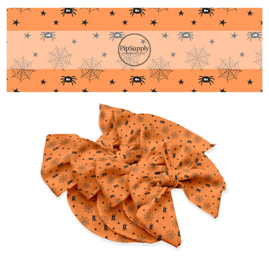 Spders, webs, and stars on orange hair bow strips