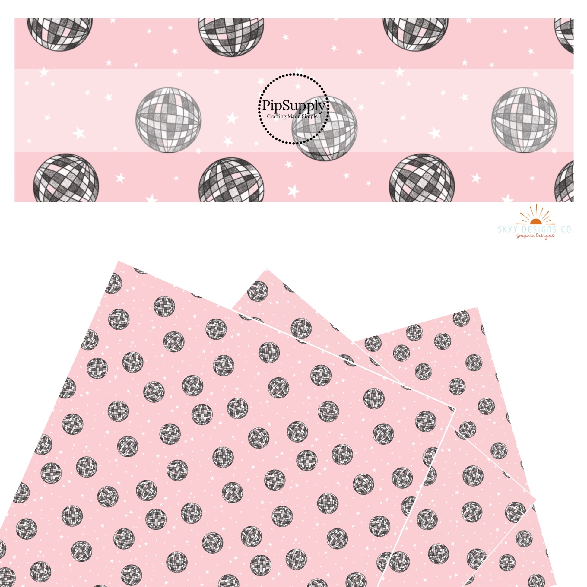 White stars and disco balls on pink faux leather sheets