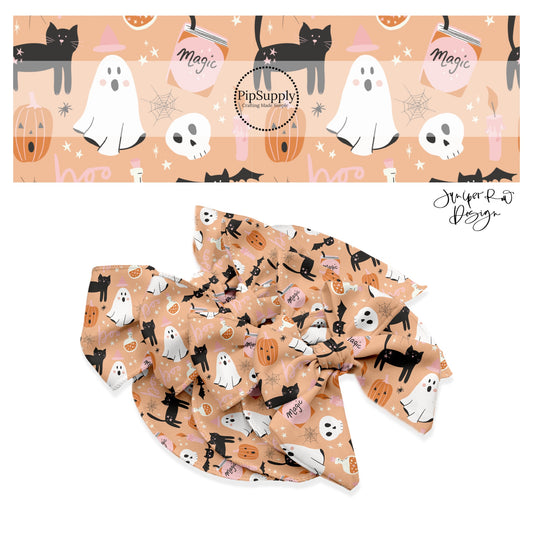 Ghost, candles, bats, cats, skulls, sayings, and magic on orange hair bow strips