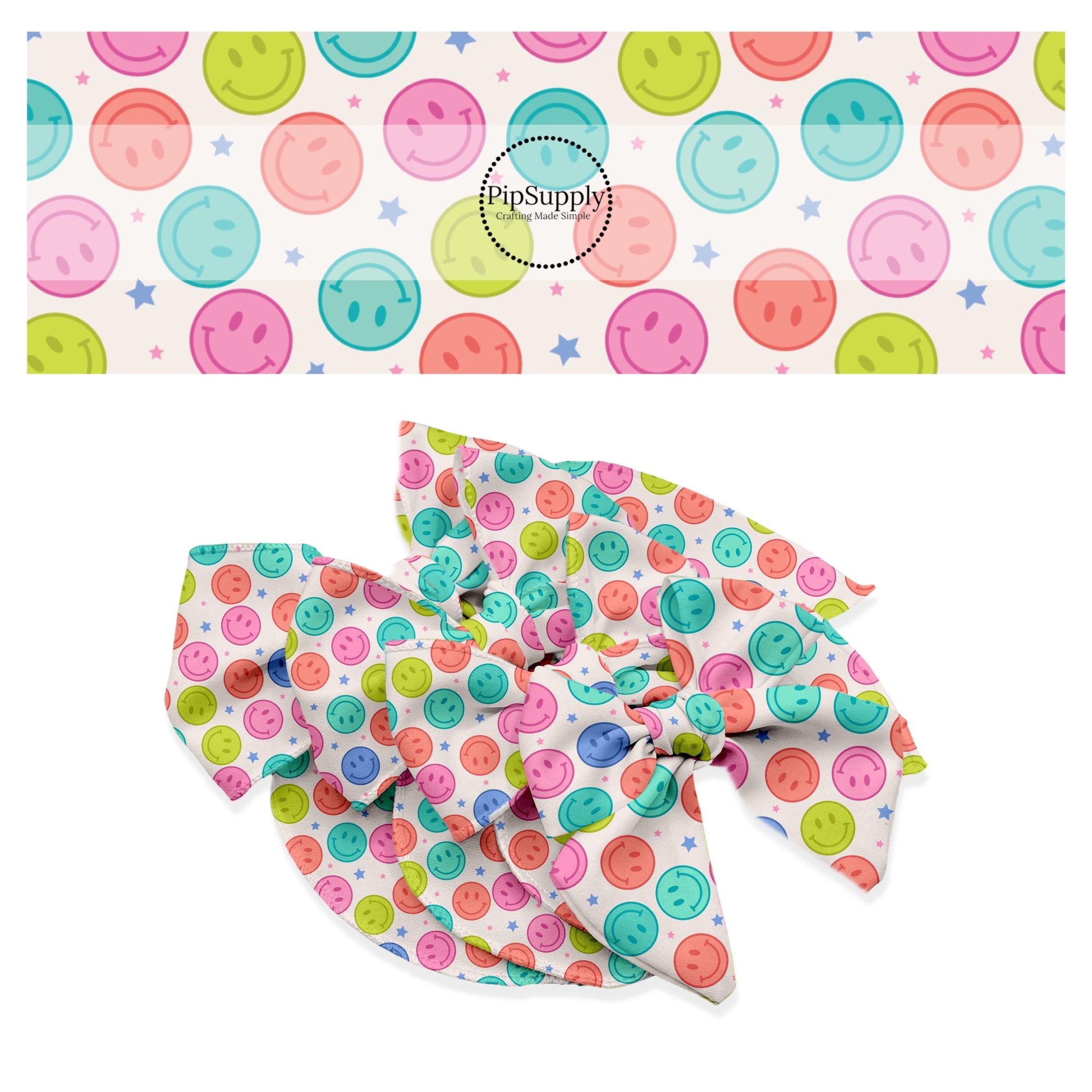 Pink, lime, blue, and coral smiley faces with stars on cream hair bow strips
