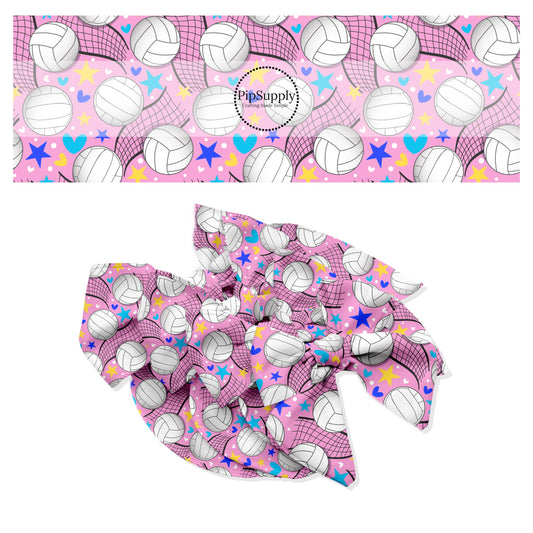 White volleyballs with multi hearts and stars and volleyball nets on pink bow stirps