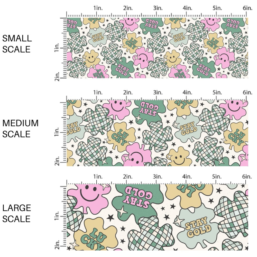 This holiday fabric by the yard features clovers with disco pattern, smiley faces, and sayings. This festive pattern fabric can be used for all your sewing and crafting needs!