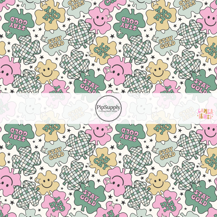 This holiday fabric by the yard features clovers with disco pattern, smiley faces, and sayings. This festive pattern fabric can be used for all your sewing and crafting needs!