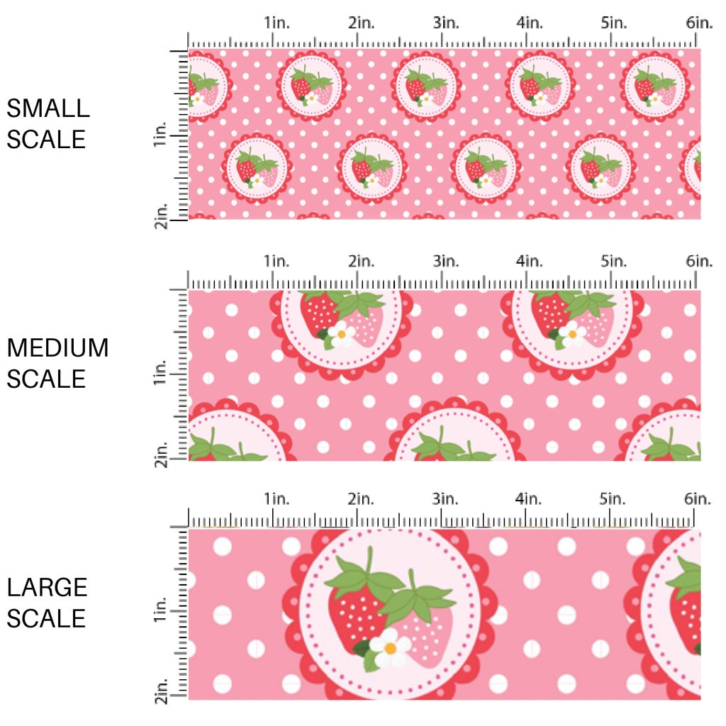 This scale chart of small scale, medium scale, and large scale of this summer fabric by the yard features strawberries and white dots on pink. This fun themed fabric can be used for all your sewing and crafting needs!