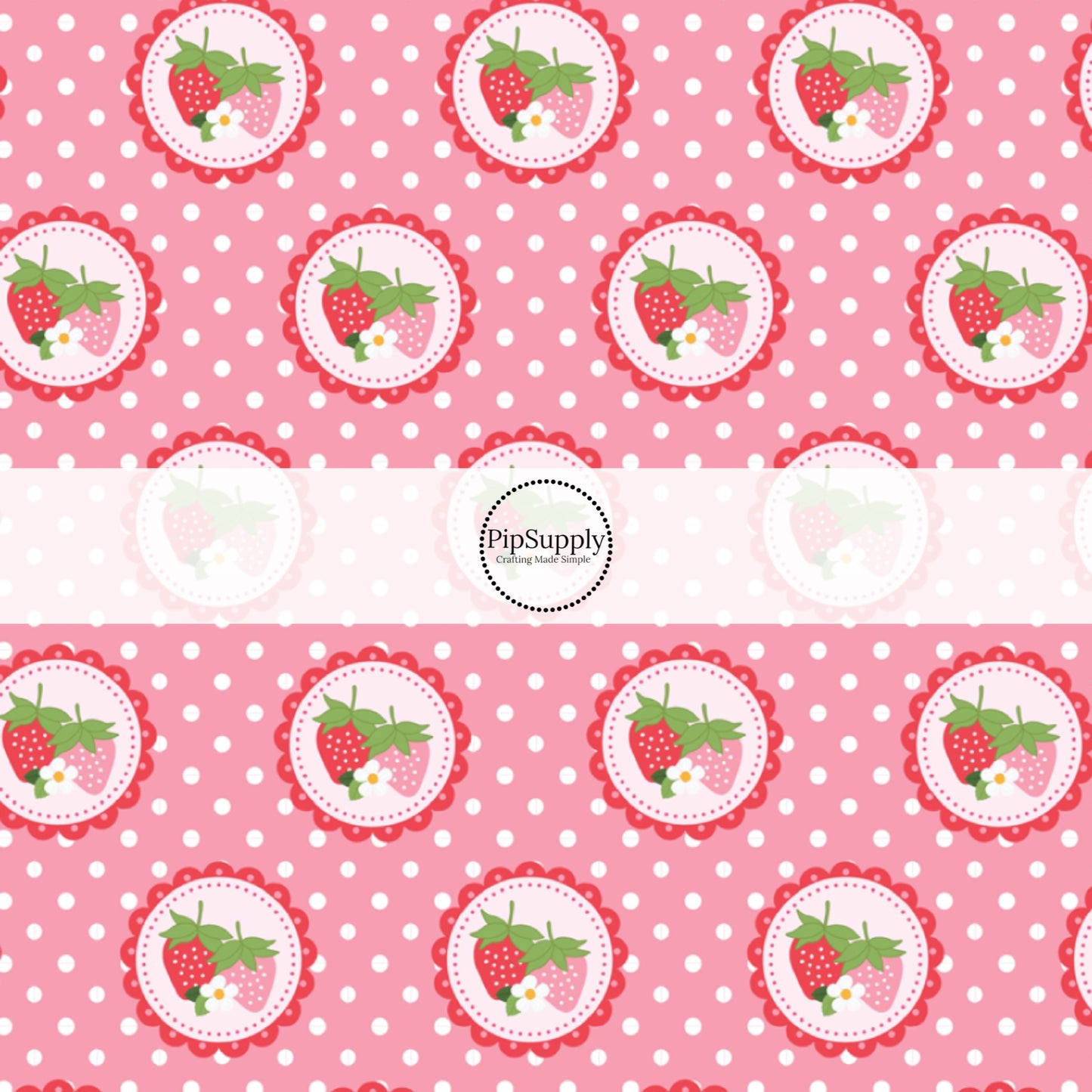 This summer fabric by the yard features strawberries and white dots on pink. This fun themed fabric can be used for all your sewing and crafting needs!