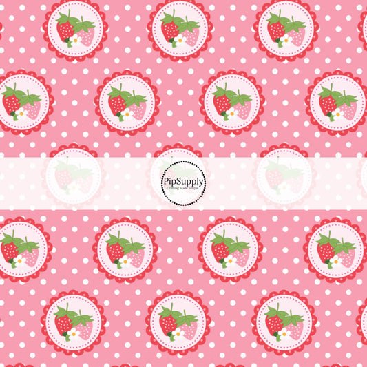 This summer fabric by the yard features strawberries and white dots on pink. This fun themed fabric can be used for all your sewing and crafting needs!