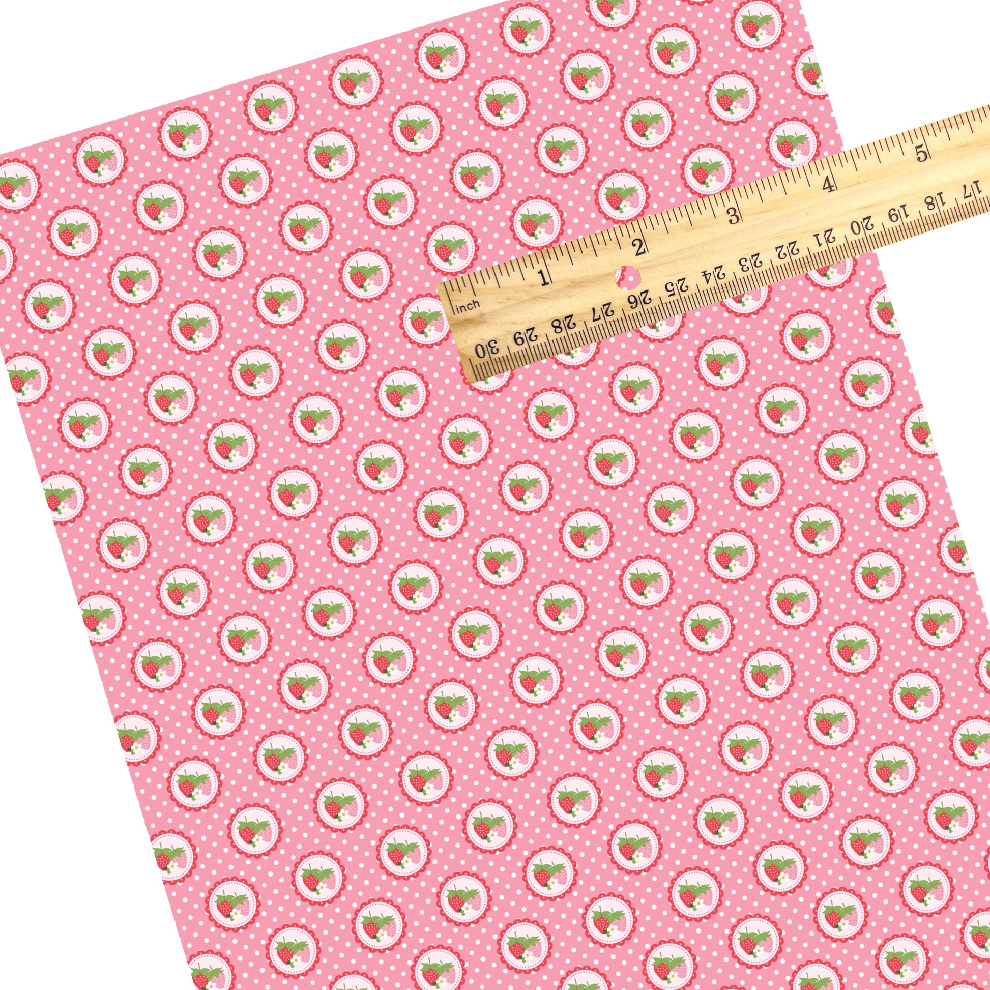 These summer faux leather sheets contain the following design elements: strawberries and white dots on pink. Our CPSIA compliant faux leather sheets or rolls can be used for all types of crafting projects.