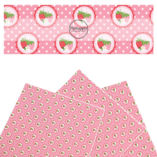 These summer faux leather sheets contain the following design elements: strawberries and white dots on pink. Our CPSIA compliant faux leather sheets or rolls can be used for all types of crafting projects.