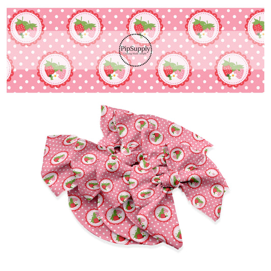 These summer themed no sew bow strips can be easily tied and attached to a clip for a finished hair bow. These fun patterned bow strips are great for personal use or to sell. These bow strips feature strawberries and white dots on pink.