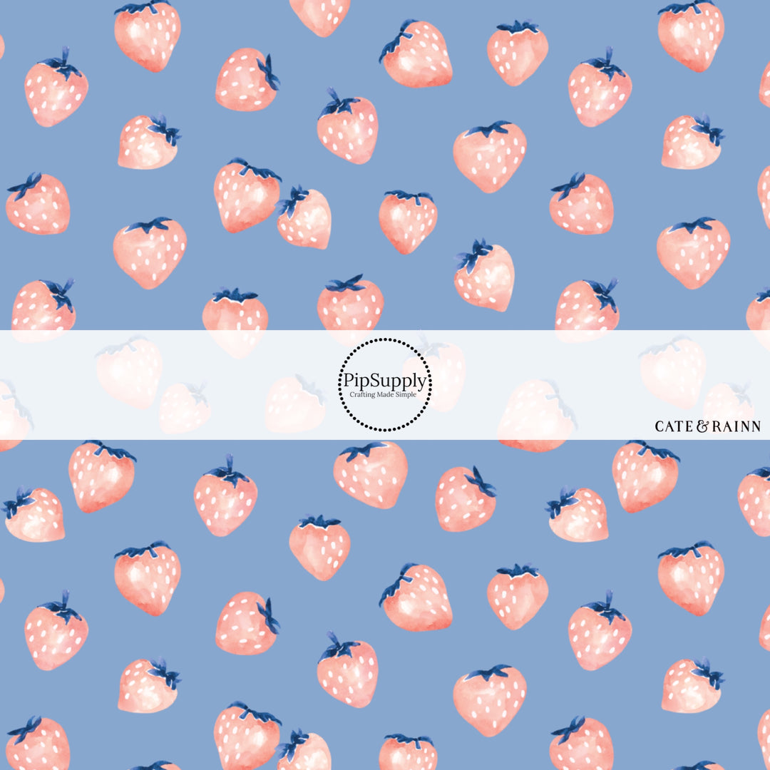 These spring fabric by the yard features strawberries on periwinkle. This fun pattern fabric can be used for all your sewing and crafting needs!