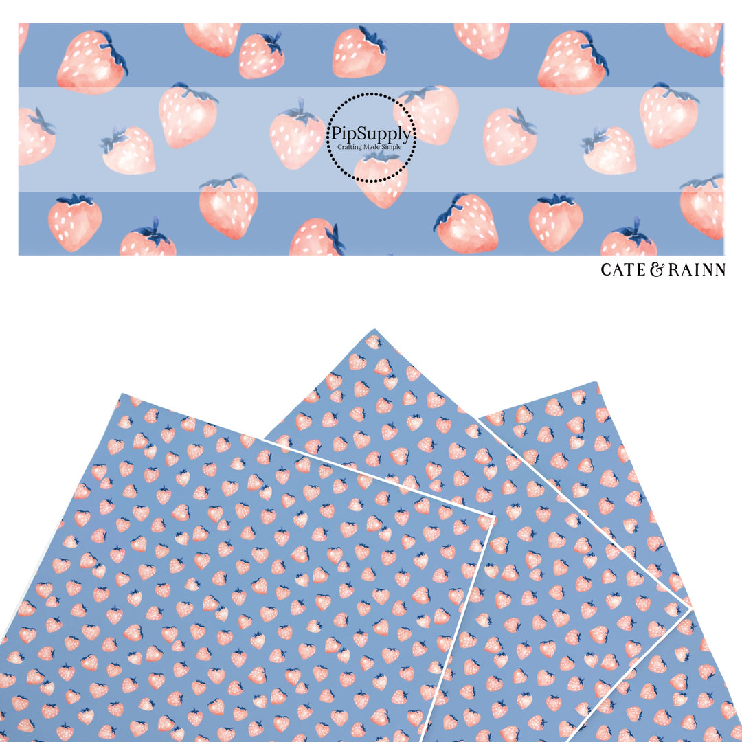 These spring themed faux leather sheets contain the following design elements: strawberries on periwinkle. Our CPSIA compliant faux leather sheets or rolls can be used for all types of crafting projects.