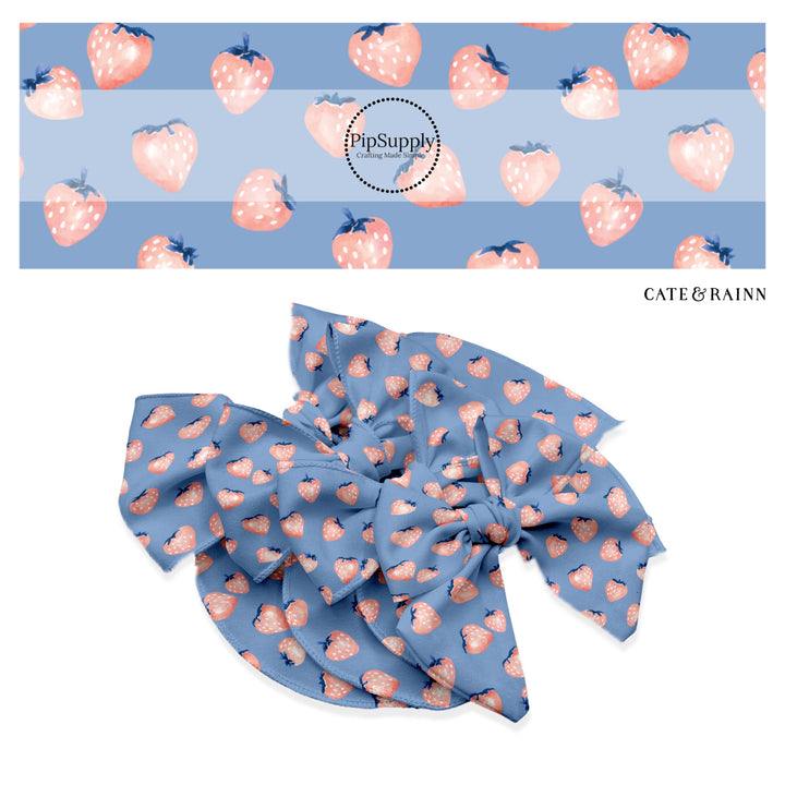 These spring themed no sew bow strips can be easily tied and attached to a clip for a finished hair bow. These bow strips are great for personal use or to sell. These bow strips feature the following design elements: strawberries on periwinkle.