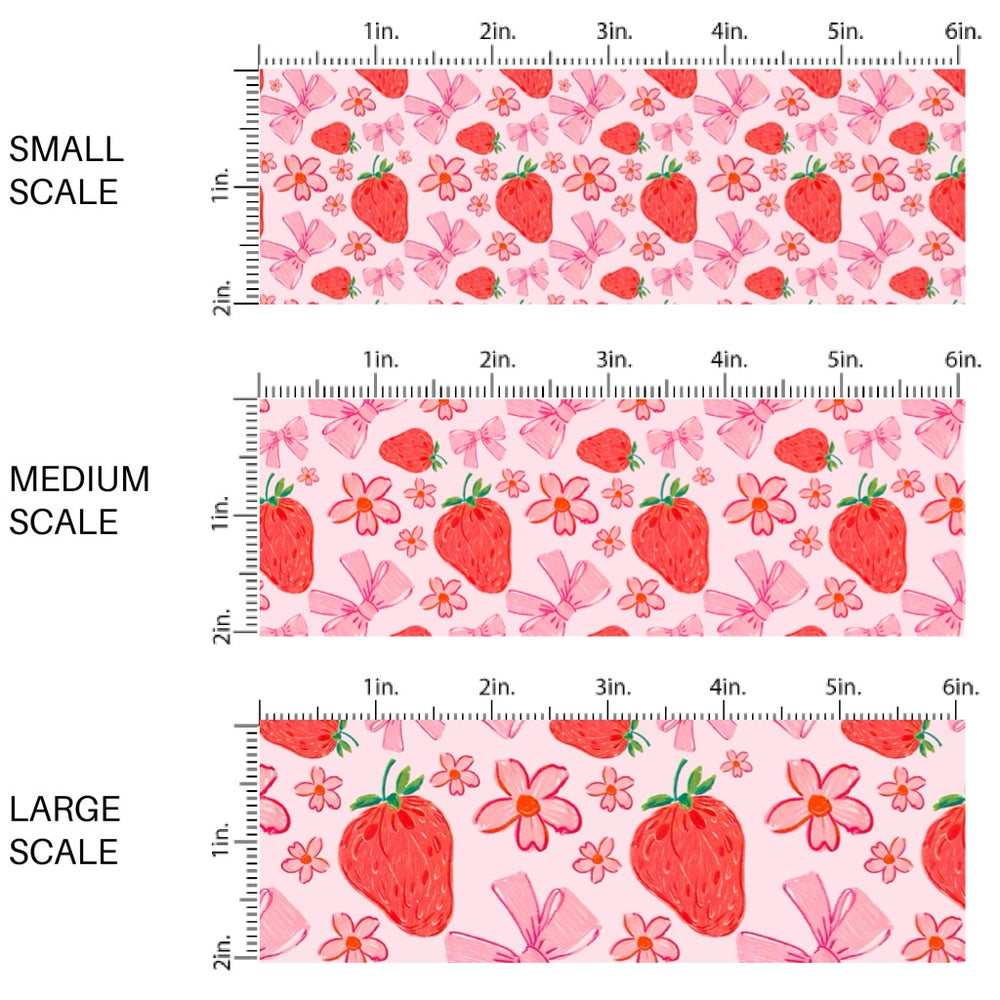 This fruit fabric by the yard features red strawberries, bows, and flowers on pink. This fun pattern fabric can be used for all your sewing and crafting needs!