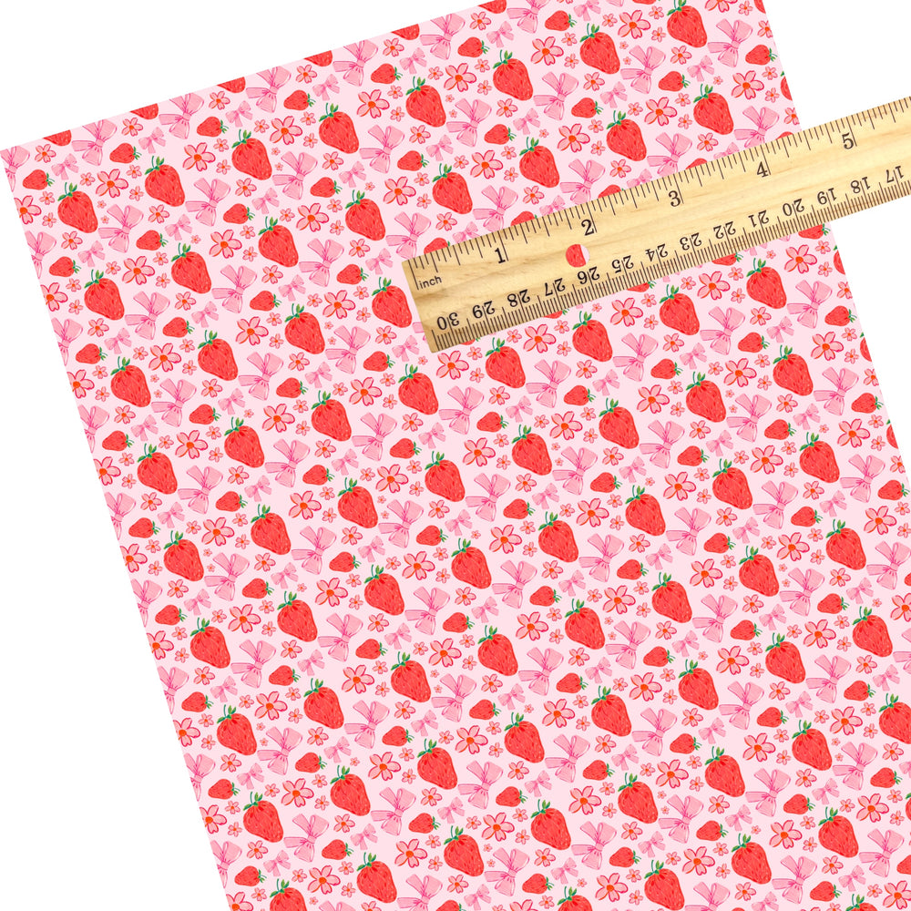 These spring themed faux leather sheets contain the following design elements: red strawberries, bows, and flowers on pink. Our CPSIA compliant faux leather sheets or rolls can be used for all types of crafting projects.