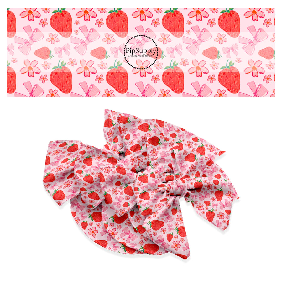 These fruit themed no sew bow strips can be easily tied and attached to a clip for a finished hair bow. These festive bow strips are great for personal use or to sell. These bow strips feature the following design elements: red strawberries, bows, and flowers on pink.