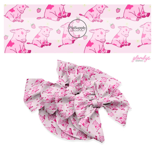 These bright pink no sew bow strips can be easily tied and attached to a clip for a finished hair bow. These Valentine's Day bow strips are great for personal use or to sell. The bow strips feature pink cows and strawberries on light pink. 