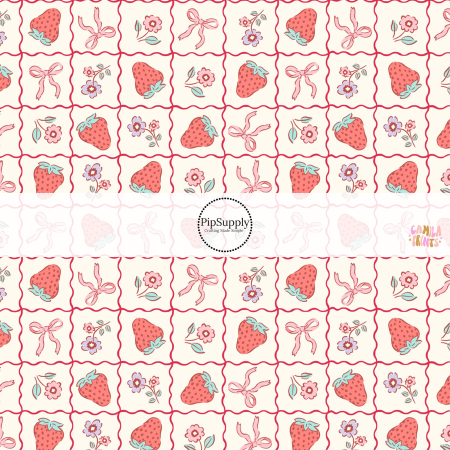 This holiday fabric by the yard features strawberries, flowers, and bow grid. This festive pattern fabric can be used for all your sewing and crafting needs!