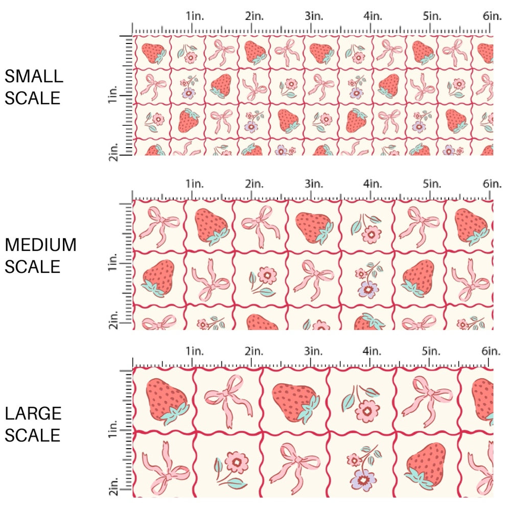 This holiday fabric by the yard features strawberries, flowers, and bow grid. This festive pattern fabric can be used for all your sewing and crafting needs!