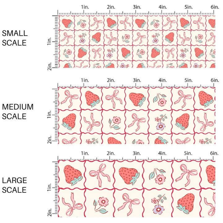 This holiday fabric by the yard features strawberries, flowers, and bow grid. This festive pattern fabric can be used for all your sewing and crafting needs!