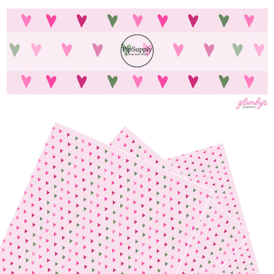 These Valentine's pattern themed faux leather sheets contain the following design elements: rows of pink and green hearts on light pink. Our CPSIA compliant faux leather sheets or rolls can be used for all types of crafting projects.