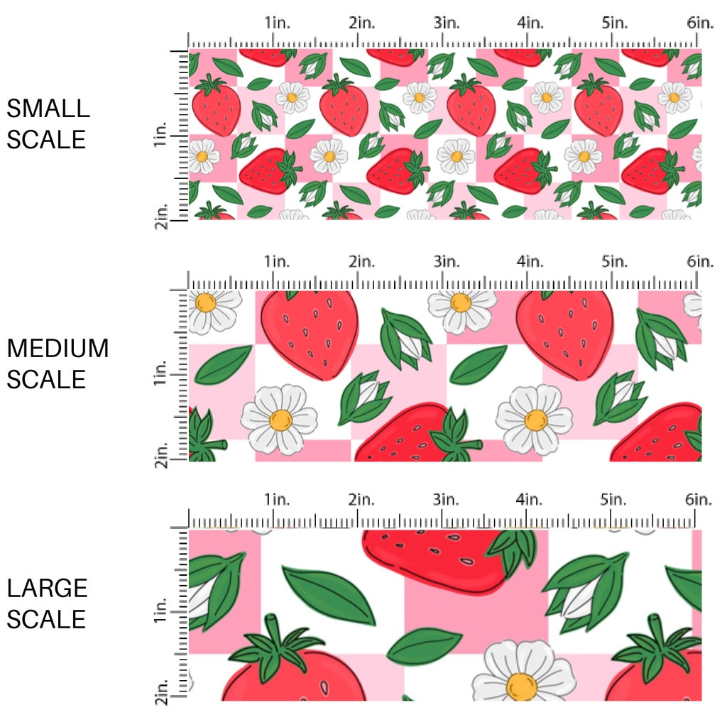 This scale chart of small scale, medium scale, and large scale of this summer fabric by the yard features strawberries and flowers on pink and white checkered pattern. This fun themed fabric can be used for all your sewing and crafting needs!