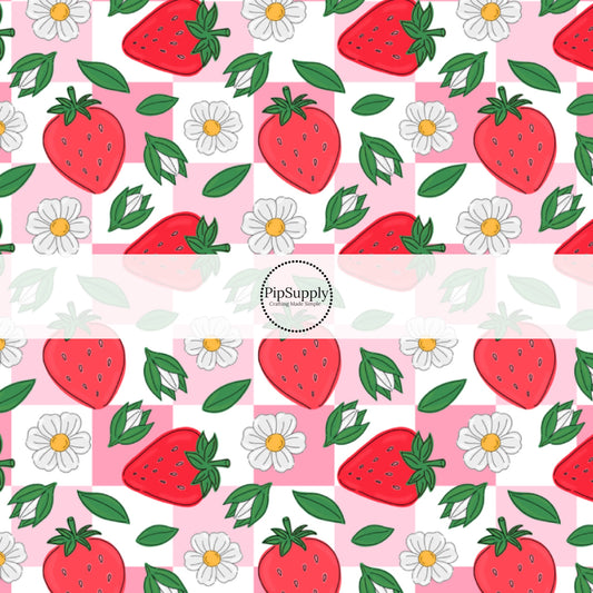 This summer fabric by the yard features strawberries and flowers on pink and white checkered pattern. This fun themed fabric can be used for all your sewing and crafting needs!