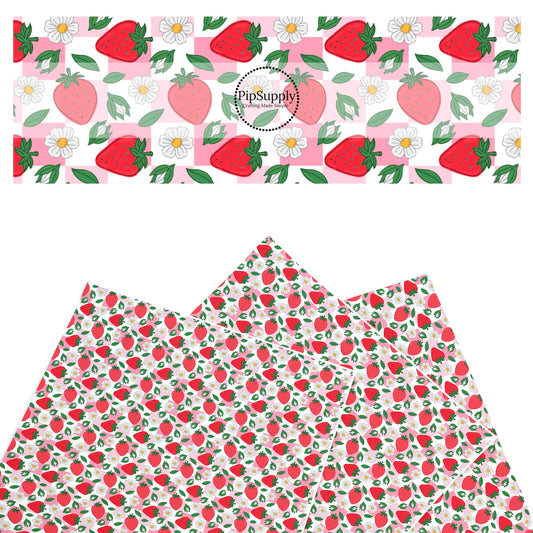 These summer faux leather sheets contain the following design elements: strawberries and flowers on pink and white checkered pattern. Our CPSIA compliant faux leather sheets or rolls can be used for all types of crafting projects.