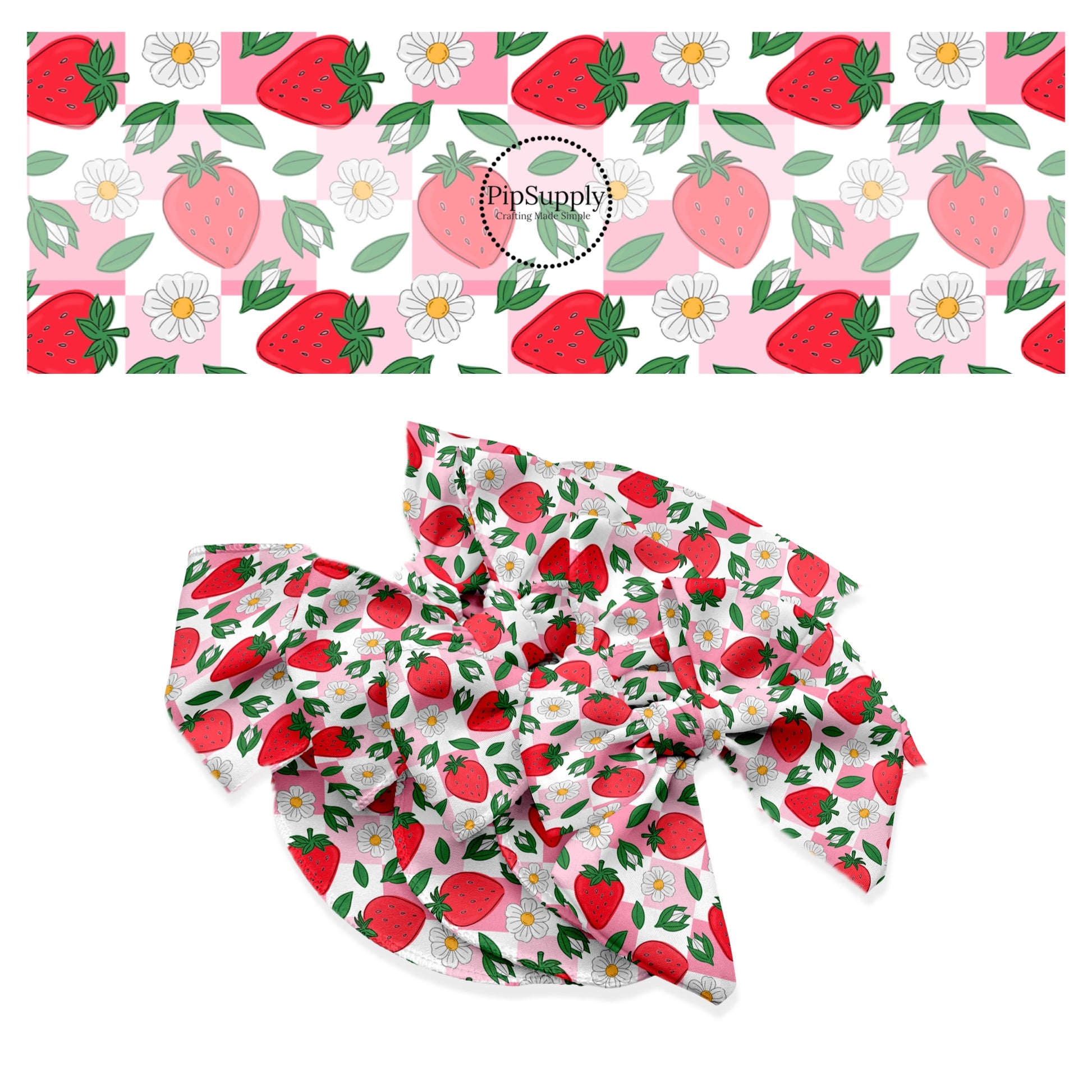 These summer themed no sew bow strips can be easily tied and attached to a clip for a finished hair bow. These fun patterned bow strips are great for personal use or to sell. These bow strips feature strawberries and flowers on pink and white checkered pattern.