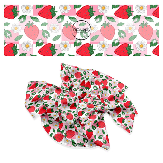 These summer themed no sew bow strips can be easily tied and attached to a clip for a finished hair bow. These fun patterned bow strips are great for personal use or to sell. These bow strips feature strawberries and flowers on pink and white checkered pattern.