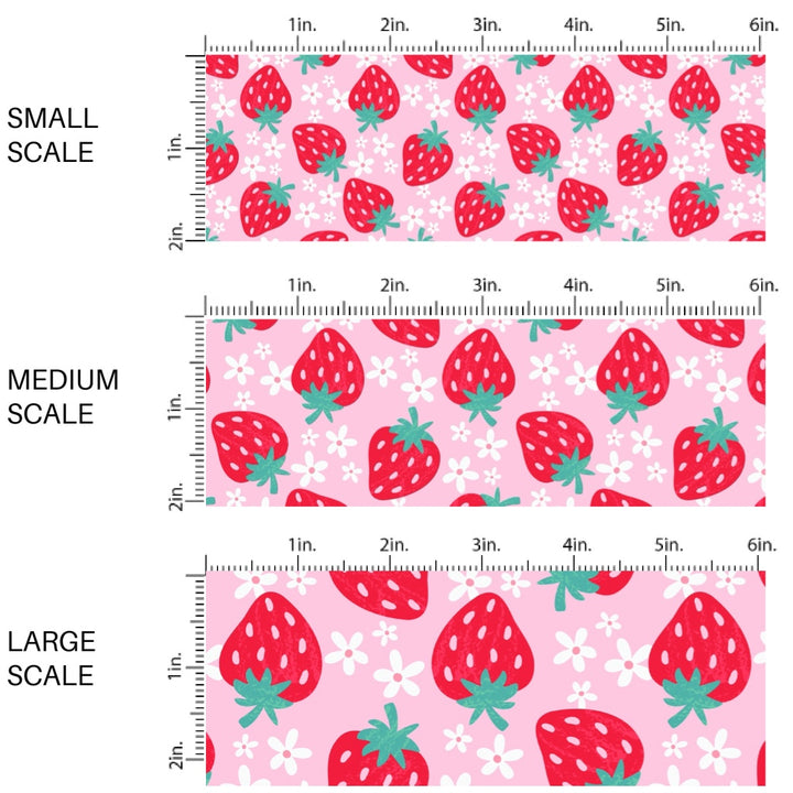 These fruit and flower themed fabric by the yard features strawberries and daisies on pink. This fun pattern fabric can be used for all your sewing and crafting needs!