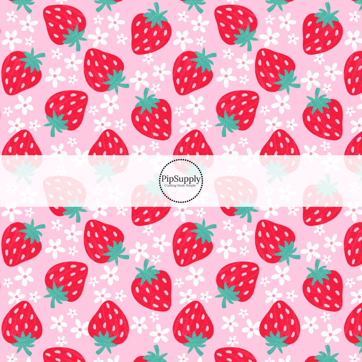 These fruit and flower themed fabric by the yard features strawberries and daisies on pink. This fun pattern fabric can be used for all your sewing and crafting needs!