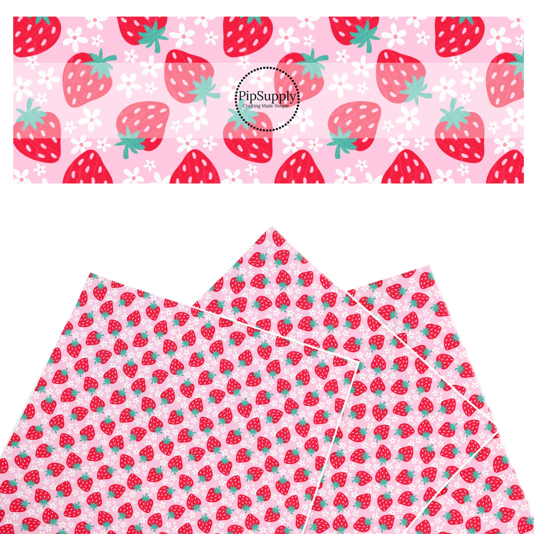 These fruit and flower themed faux leather sheets contain the following design elements: strawberries and daisies on pink. Our CPSIA compliant faux leather sheets or rolls can be used for all types of crafting projects.