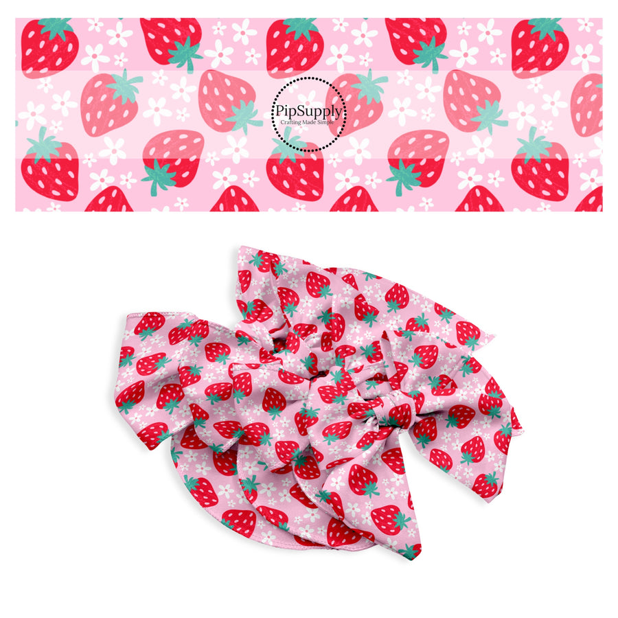 These fruit themed no sew bow strips can be easily tied and attached to a clip for a finished hair bow. These bow strips are great for personal use or to sell. These bow strips feature the following design elements: strawberries and daisies on pink.