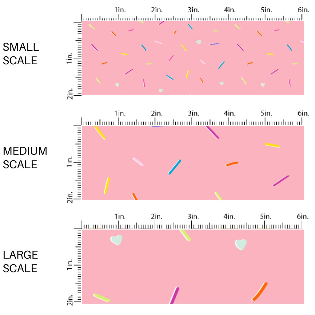 This scale chart of small scale, medium scale, and large scale of this ice cream sprinkles fabric by the yard features strawberry sprinkles on pink ice cream. This fun themed fabric can be used for all your sewing and crafting needs!