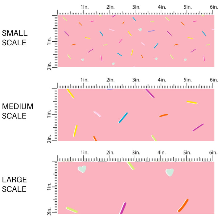 This scale chart of small scale, medium scale, and large scale of this ice cream sprinkles fabric by the yard features strawberry sprinkles on pink ice cream. This fun themed fabric can be used for all your sewing and crafting needs!