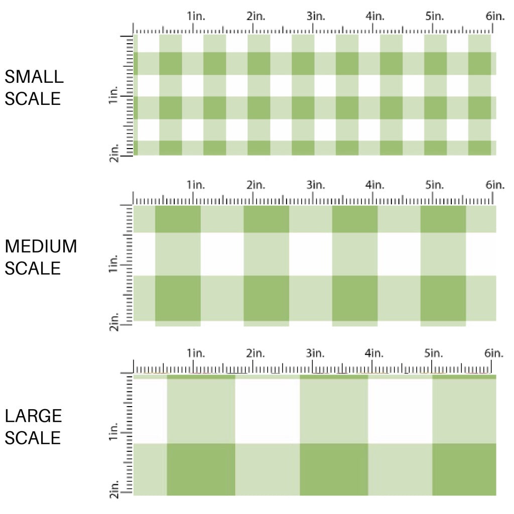 This scale chart of small scale, medium scale, and large scale of this plaid fabric by the yard features green and white plaid pattern. This fun summer themed fabric can be used for all your sewing and crafting needs!