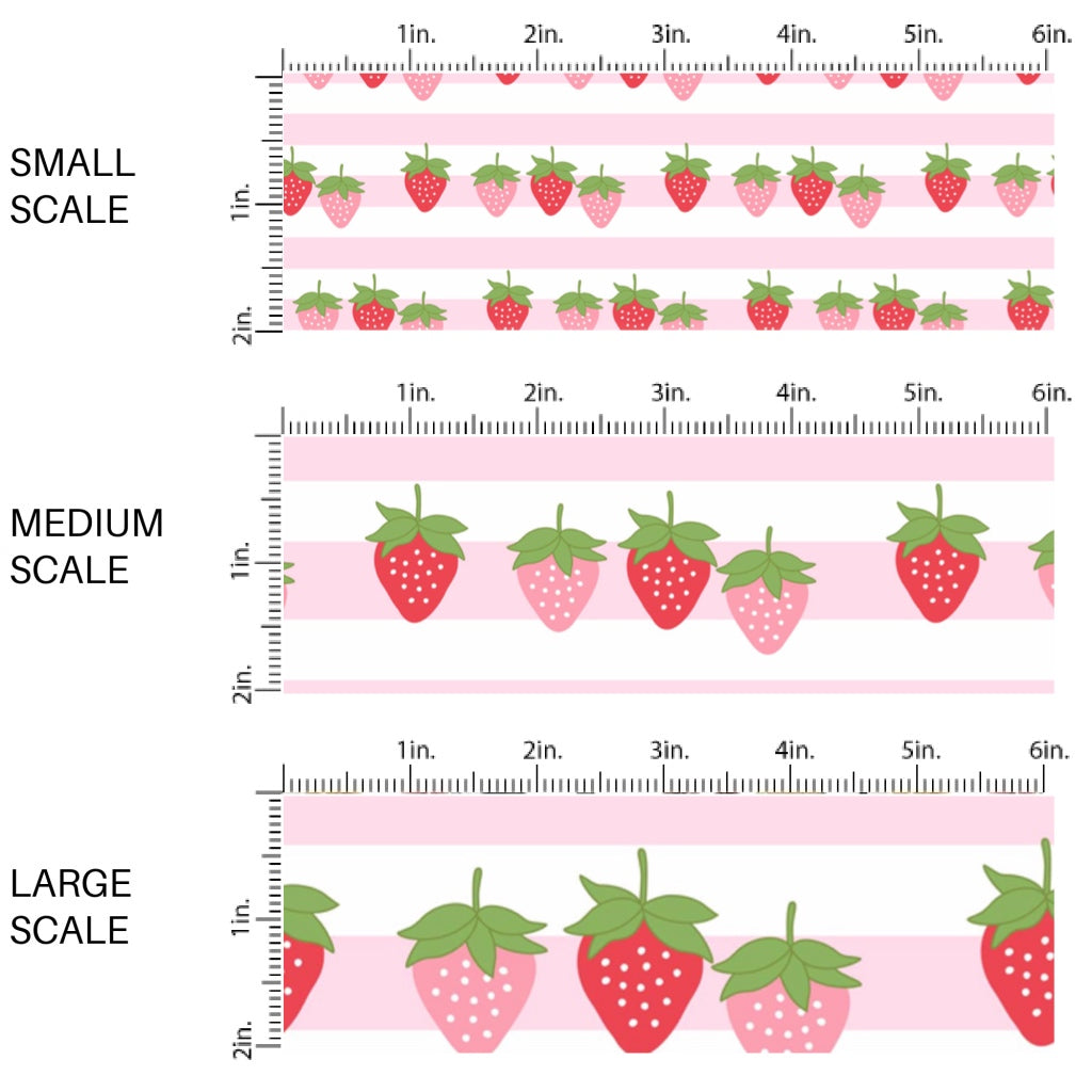 This scale chart of small scale, medium scale, and large scale of this summer fabric by the yard features strawberries and pink and white stripes. This fun themed fabric can be used for all your sewing and crafting needs!
