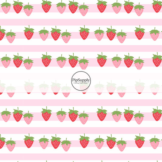 This summer fabric by the yard features strawberries and pink and white stripes. This fun themed fabric can be used for all your sewing and crafting needs!