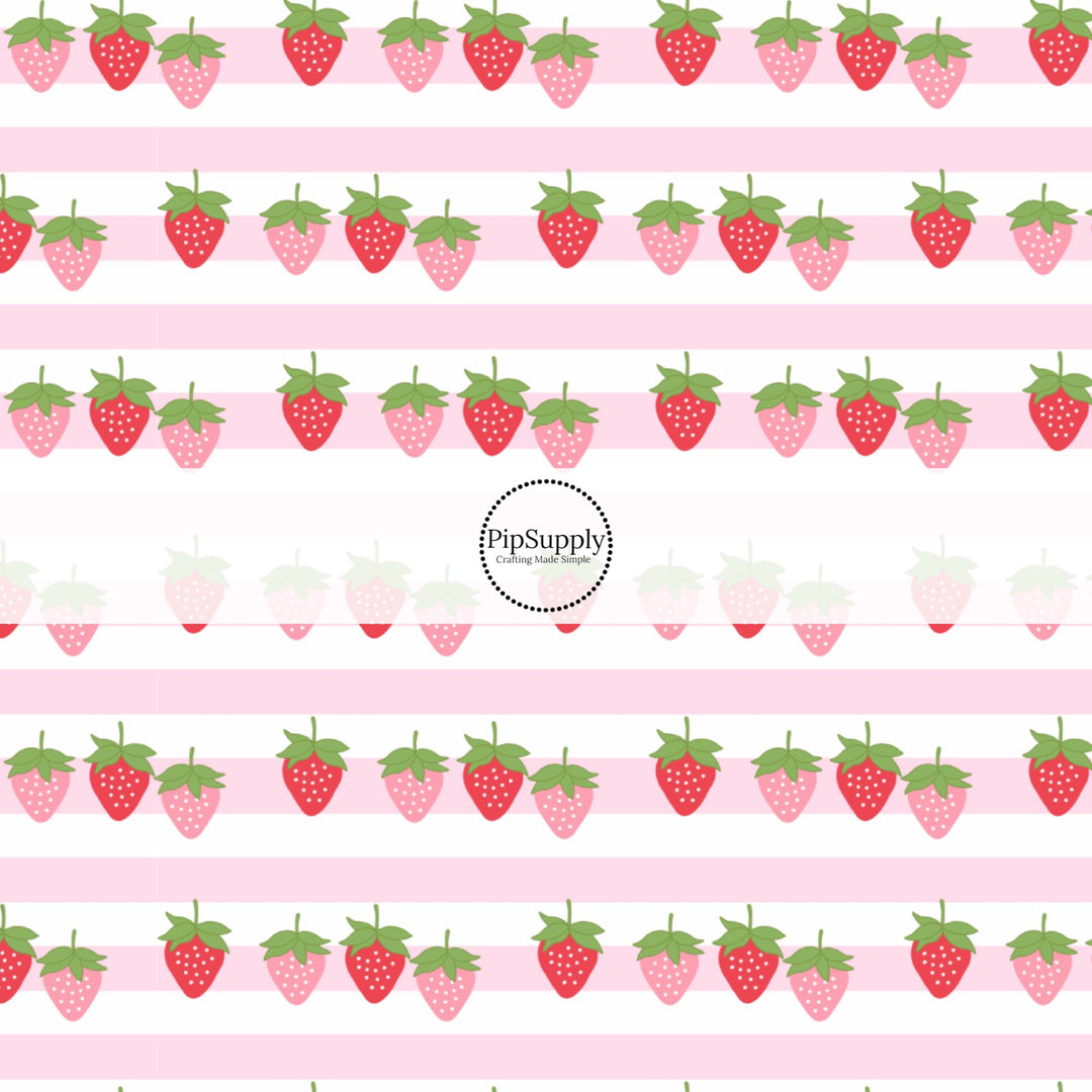 This summer fabric by the yard features strawberries and pink and white stripes. This fun themed fabric can be used for all your sewing and crafting needs!