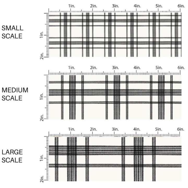 This scale chart of small scale, medium scale, and large scale of these spring and summer pattern fabric by the yard features farm and meadow plaid and stripe patterns. This fun fabric can be used for all your sewing and crafting needs!