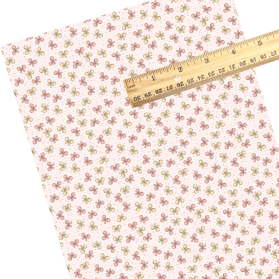 These spring faux leather sheets contain the following design elements: pastel pink and yellow bows. Our CPSIA compliant faux leather sheets or rolls can be used for all types of crafting projects.