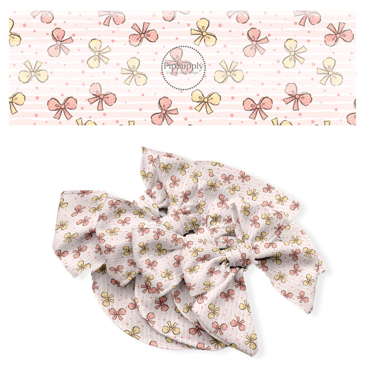 These spring no sew bow strips can be easily tied and attached to a clip for a finished hair bow. These fun bow strips are great for personal use or to sell. These bow strips feature the following design elements: pastel pink and yellow bows.