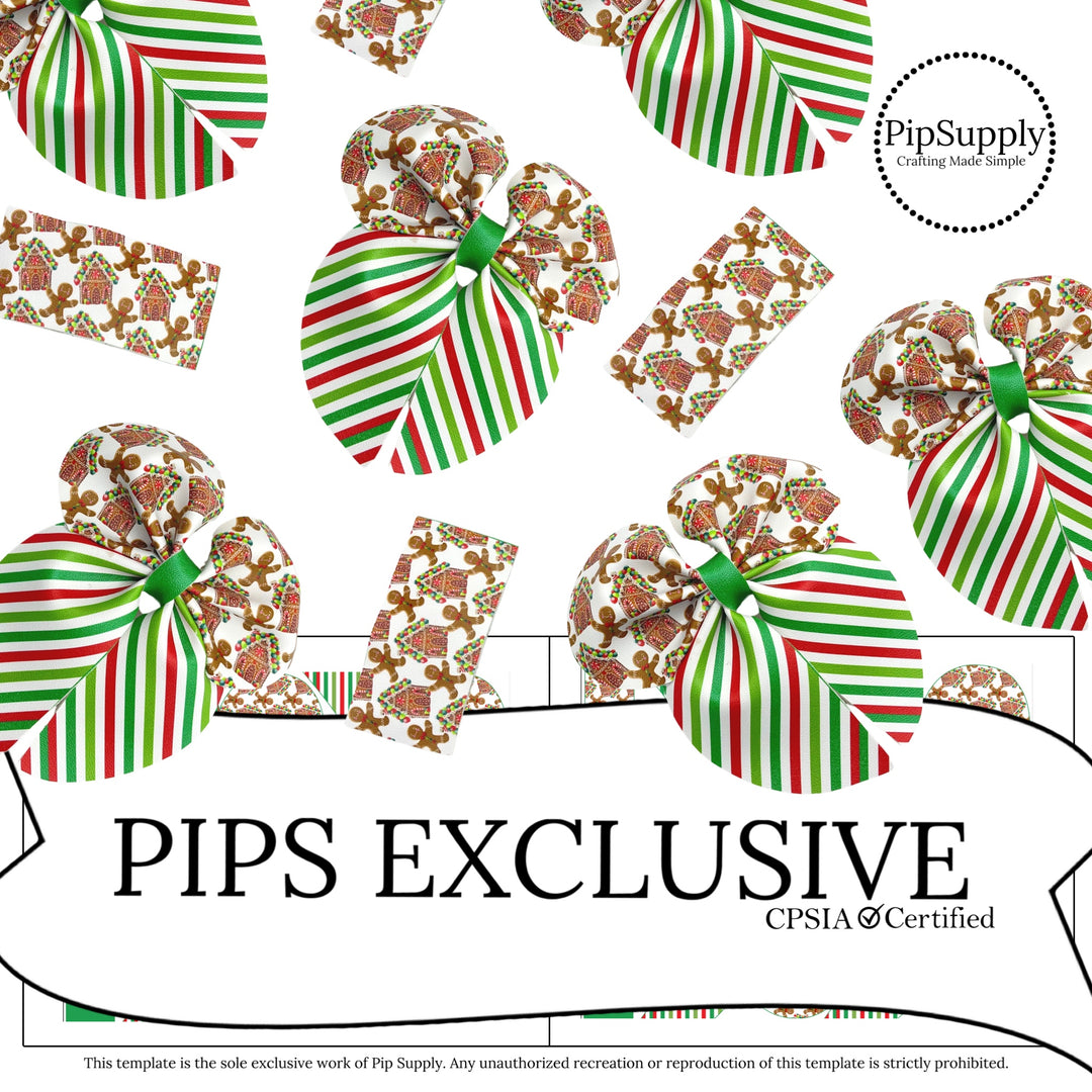 Red and green stripes with gingerbread man and houses bubble sailor bows