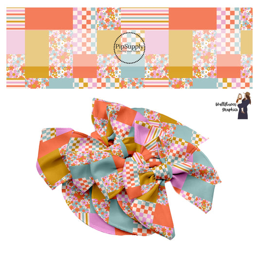 Bright checker, floral, stripes, and solid patchwork hair bow strips