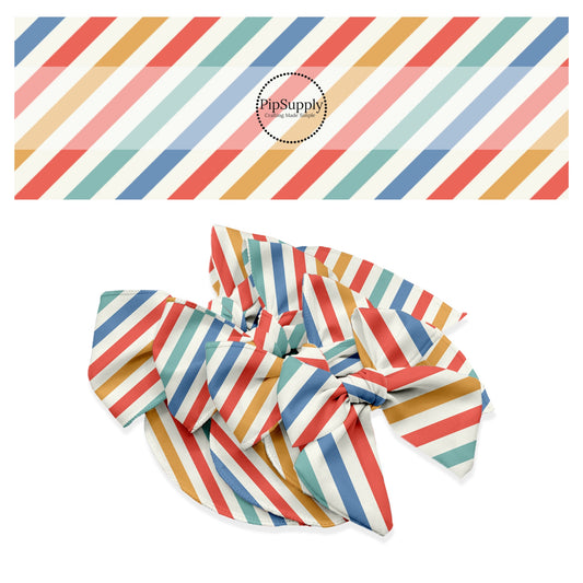 Red, multi blue, and orange diagonal stripes on white hair bow strips