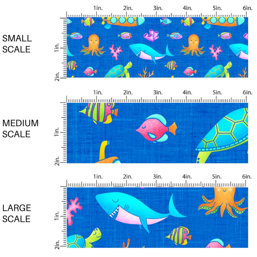 This scale chart of small scale, medium scale, and large scale of this summer fabric by the yard features submarines and multi colored fish and ocean animals. This fun summer themed fabric can be used for all your sewing and crafting needs!