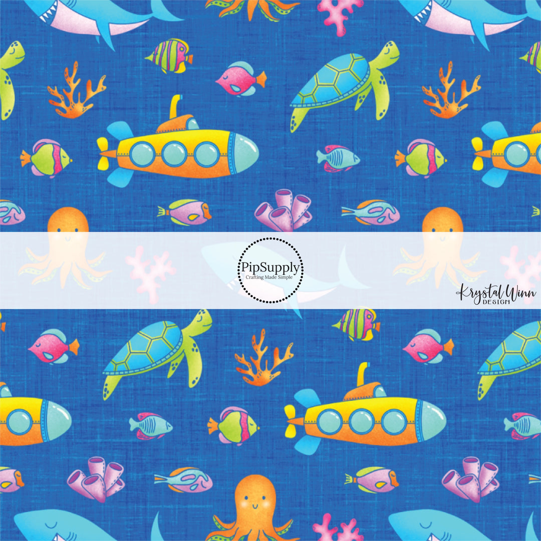 This summer fabric by the yard features submarines and multi colored fish and ocean animals. This fun summer themed fabric can be used for all your sewing and crafting needs!