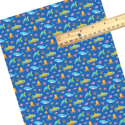 These summer ocean faux leather sheets contain the following design elements: submarines and multi colored fish and ocean animals on blue. Our CPSIA compliant faux leather sheets or rolls can be used for all types of crafting projects.