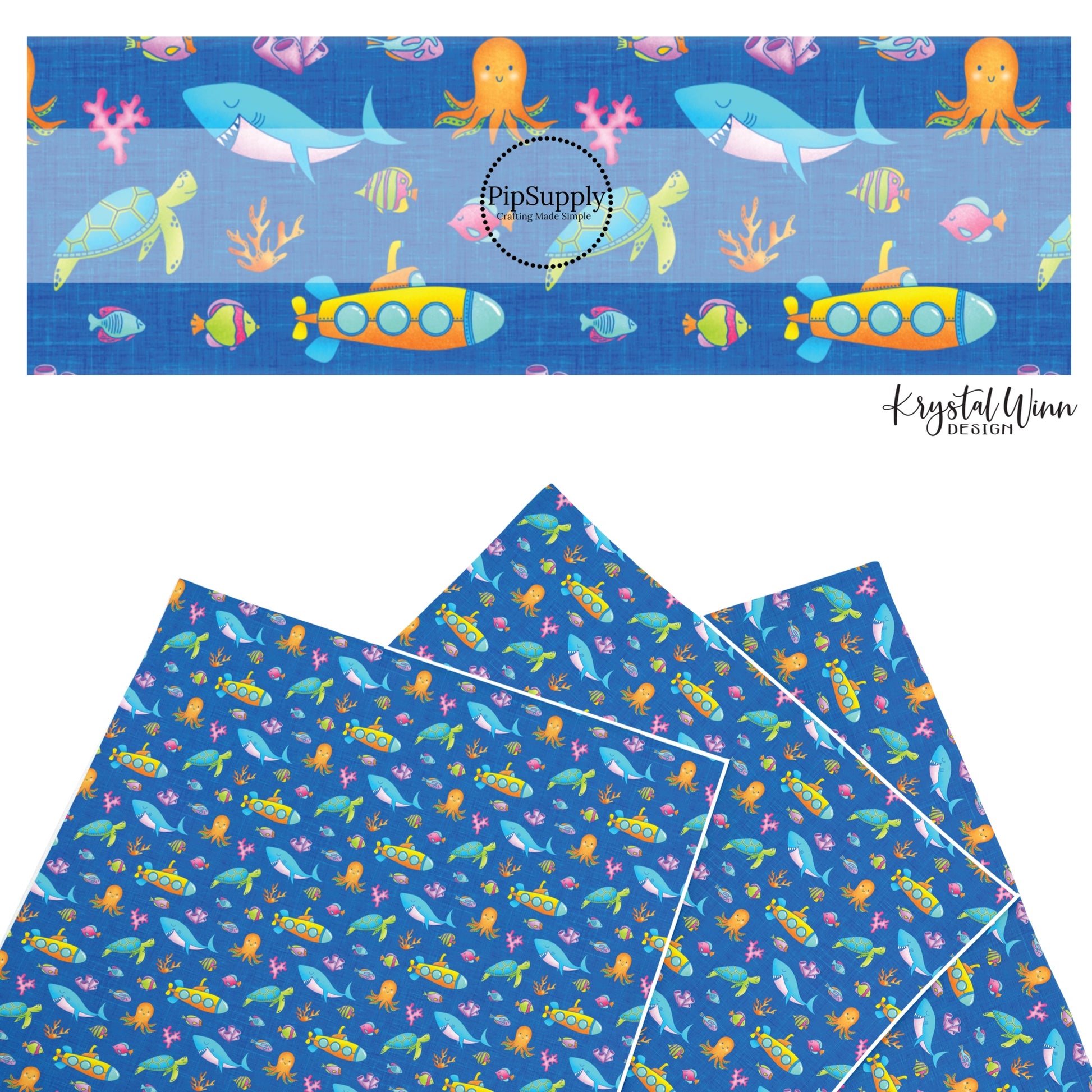 These summer ocean faux leather sheets contain the following design elements: submarines and multi colored fish and ocean animals on blue. Our CPSIA compliant faux leather sheets or rolls can be used for all types of crafting projects.